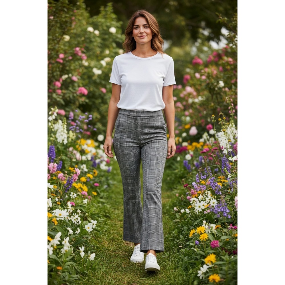Zara Pants Women Grey Plaid Flare Leg Trousers Glen Check Dress Pants Size 6